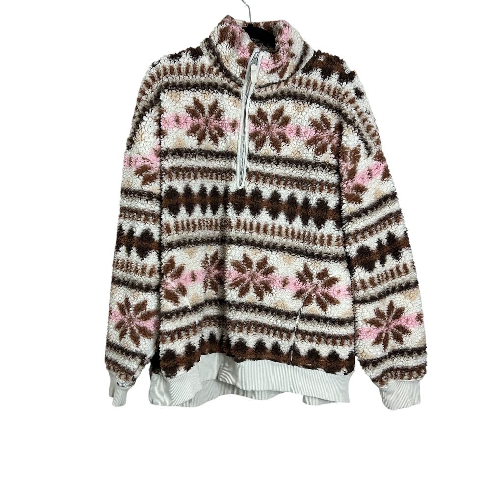 Aerie XL Hometown Holiday Quarter Zip Sweatshirt Brown Pink